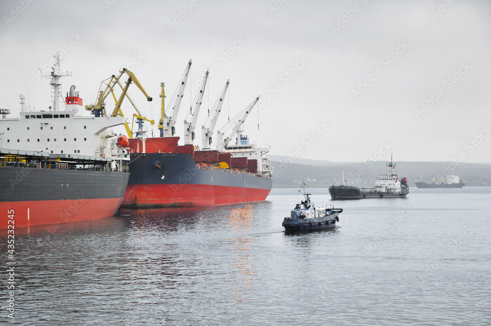 Industrial Ships in the Kola Bay (Barents Sea). Murmansk, Russia
