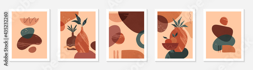 Bundle of modern abstract vector illustrations with vases,organic various shapes and leaves.Boho watercolor wall art decor.Trendy artistic designs perfect for banners;social media,covers,wallpaper.