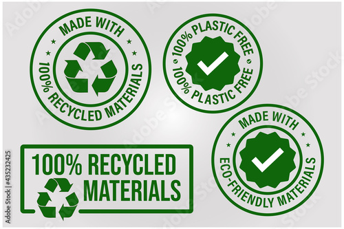 100% recycled vector icon set such  as 'made with Eco friendly materials, made with recycled materials and 100% plastic free' photo