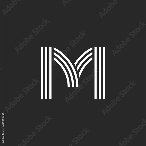 Monogram letter M logo offset thin parallel lines minimal design, linear creative business card emblem