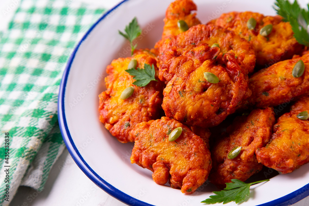 Pumpkin Fritters. Traditional recipe to celebrate autumn and halloween. Pumpkin Fritters. Traditional recipe to celebrate autumn and halloween.