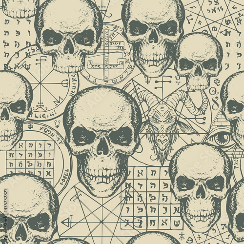 Abstract seamless pattern with hand-drawn human skulls, goat head, esoteric and occult symbols on an old paper backdrop. Vector background on a theme of occultism, satanism, black magic in retro style