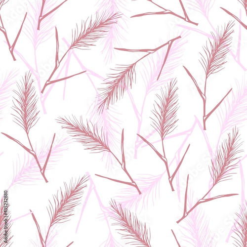 Hand drawn simple gentle calm floral vector seamless pattern in pink, purple pastel colors. Steppe pampas grass, twig, reeds, panicle inflorescences on a white background. For boho design, textiles.