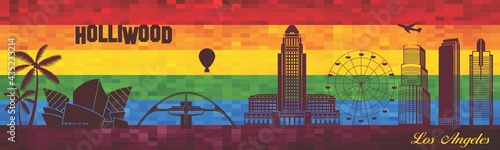Los Angeles on LGBT flag background - illustration, 
Town in Rainbow background, 
Vector city skyline silhouette