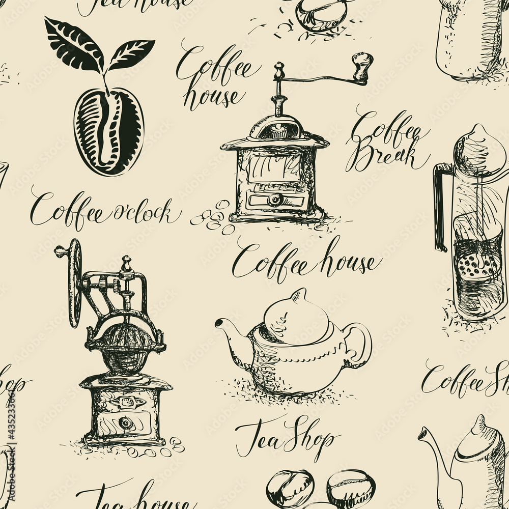 Vector seamless pattern with sketches and inscriptions on a tea and coffee theme. Hand-drawn background with teapots, coffee beans, coffee grinders. Suitable for Wallpaper, wrapping paper, fabric