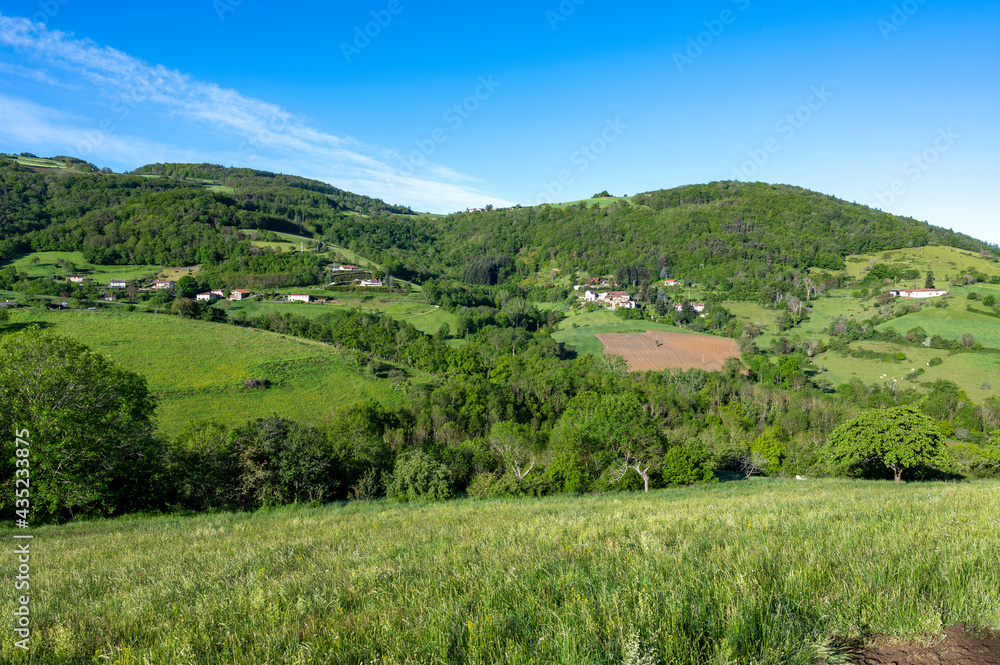 Paysage de montagne dans les environs de Montromant dans les Monts du Lyonnais en France au printemps