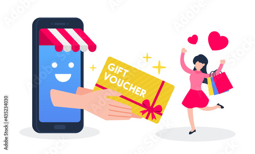 An online store gives a gift voucher card to a woman who buys products. The creative business concept of treating or rewarding customers. Simple trendy cute cartoon vector illustration. Flat style.