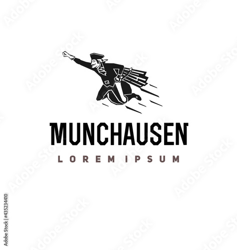 logo concept for amusement park.  Baron "Munchausen" flies astride a cannonball.