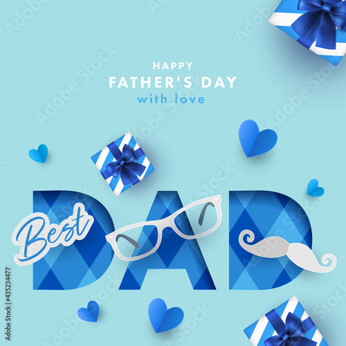 Happy Father's Day greeting card, banner, poster or flyer design with gift boxes, origami hearts, paper mustache and glasses. Paper art, digital craft style. Happy Fathers Day modern design template