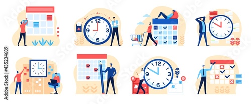 Effective time management. People with clock, calendar. Businessman scheduling tasks, productive work planning, successful workflow vector set. Employee arranging appointment, putting in reminder
