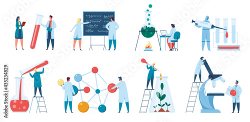 Scientists research. Scientist or biologist working in laboratory. Lab worker in white coat. Biotechnology, scientific research concept vector set. Chemists making invention or analysis