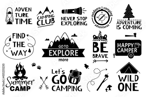 Adventure lettering. Traveling, hiking, camping quotes with doodle elements. Summers vacation, tourism adventures hand drawn logo vector set. Equipment for exploration as tent, backpack