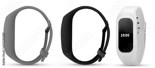 Fitness tracker Sport bracelet with screen. Black fitness bracelet or smart watch, time and pulse on the bracelet screen.