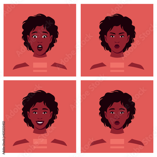 A set of emotions of an African woman's face. Avatars. 
Different moods: happiness, anger, sadness and fear. Vector flat  illustration