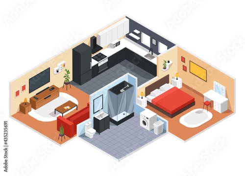 Isometric apartment. Modern apartment interior design with bedroom, living room, kitchen, bathroom. 3d vector home interior layout. Comfortable furniture as bed, sofa, fridge and television