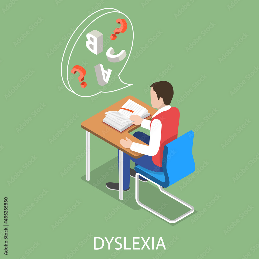 3D Isometric Flat Vector Conceptual Illustration of Dyslexia - Learning Disability, Troubles with Reading - obrazy, fototapety, plakaty 