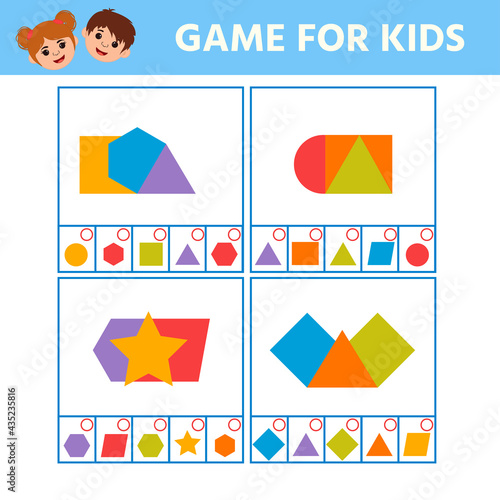 Game for kids for development of logic iq. Find what geometric shapes the drawing consists of. Worksheet for children. Activity for preschool years kids and toddlers