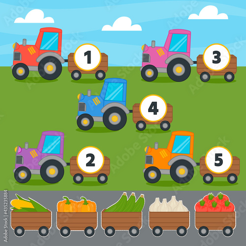 Math game for kids with stickers, stickers. Counting from 1 to 5. Count the vegetables in the tractor. Children funny education riddle entertainment and amusement.