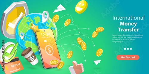 3D Vector Conceptual Illustration of International Money Transfer, Global Mobile Financial Transaction