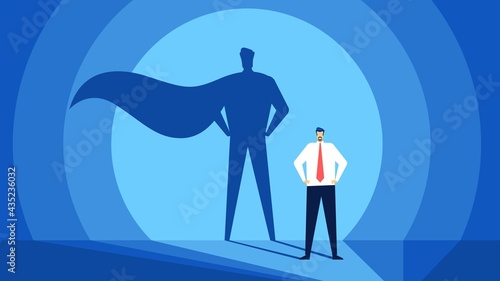 Businessman with superhero shadow. Successful and strong leader. Business success, confident leadership, ambition or power vector concept. Brave manager having career growth or promotion