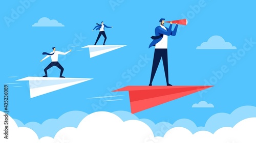 Business leadership. Businessmen flying on paper planes, going to success, following leader. Leadership and teamwork vector concept. Manager forecasting strategy solution with spyglass