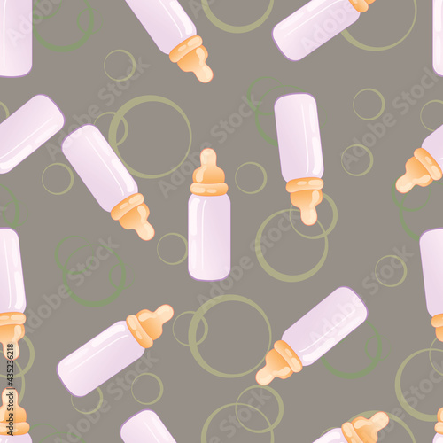 pattern of baby bottles with milk and pacifier on gray background, cartoon illustration, vector,