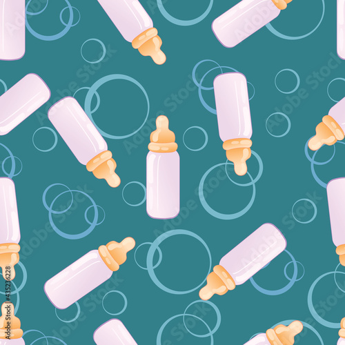 pattern of baby bottles with milk and pacifier on emerald background, cartoon illustration, vector,