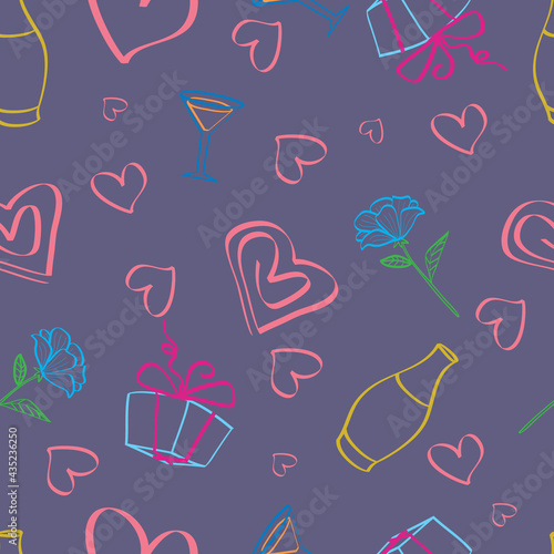 pattern of gifts, flowers and hearts on a purple background, cartoon illustration, vector,