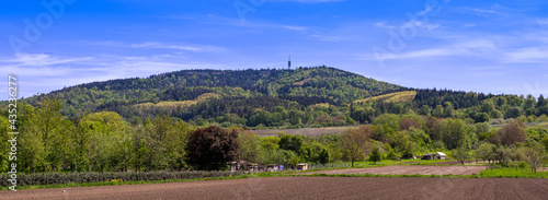The Fremersberg with the transmission tower and vineyards near the town of Sinzheim near the spa town of Baden Baden . Baden Wuerttemberg, Germany