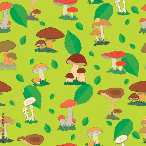 pattern of forest mushrooms on a green background, cartoon illustration, vector,