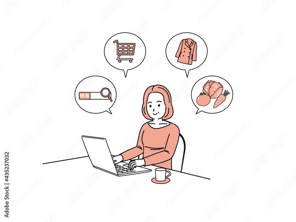 ノートパソコンを使う中高年の女性 検索 買い物 ネットサーフィン ミドル イラスト素材 Stock Vector Adobe Stock