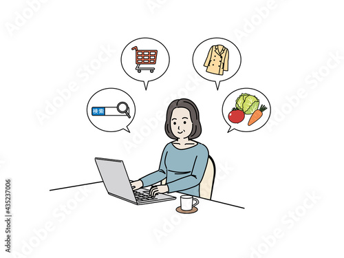 ノートパソコンを使う中高年の女性　検索　買い物　ネットサーフィン　ミドル　イラスト素材
