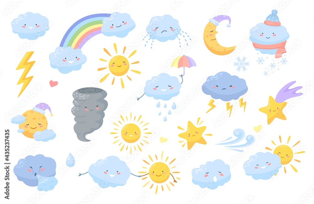 Cute weather. Cartoon weather characters with happy faces. Clouds, lightning, rainbow, sun, moon, star. Kawaii meteorology vector icons. Crying cloud, holding umbrella for forecast Cute weather. Cartoon weather characters with happy faces. Clouds, lightning, rainbow, sun, moon, star. Kawaii meteorology vector icons. Crying cloud, holding umbrella for forecast