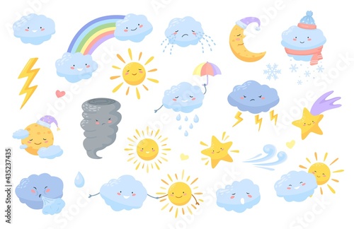 Cute weather. Cartoon weather characters with happy faces. Clouds, lightning, rainbow, sun, moon, star. Kawaii meteorology vector icons. Crying cloud, holding umbrella for forecast