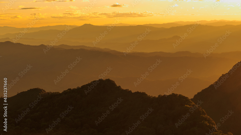 Mountain hill and forest at sunset or evening time. warm light tone.