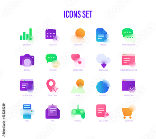 Icons set in glassmorphism style. Statistics, Calendar, Weather, Camera, Feedback, Social Media, Download, Internet Marketing, Wi-Fi Zone. Vector illustration.
