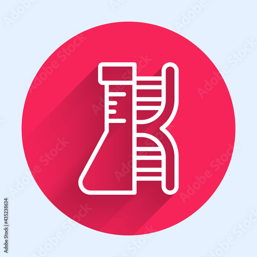 White line DNA research, search icon isolated with long shadow. Genetic engineering, genetics testing, cloning, paternity testing. Red circle button. Vector