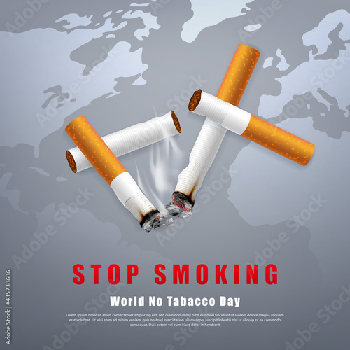 Stop smoking campaign illustration no cigarette for health broken cigarettes and ashes with world map background