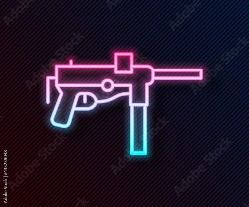 Glowing neon line Submachine gun M3, Grease gun icon isolated on black background. Vector