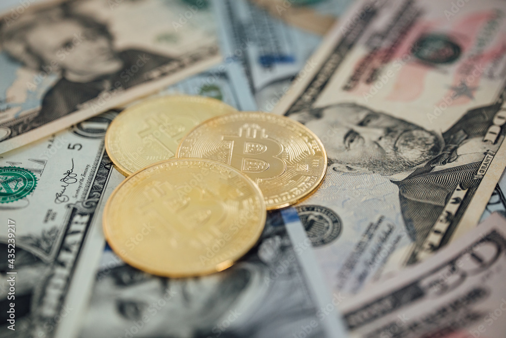 Money background. USA dollar with Euro Banknotes and Bitcoin cryptocurrency investing concept. Money background. USA dollar with Euro Banknotes and Bitcoin cryptocurrency investing concept.