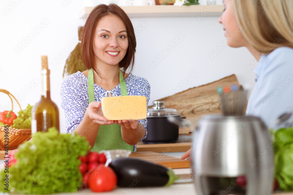 Two women friends choose the recipe and ingredients for a delicious meal while sitting in sunny kitchen. Vegetarian concept
