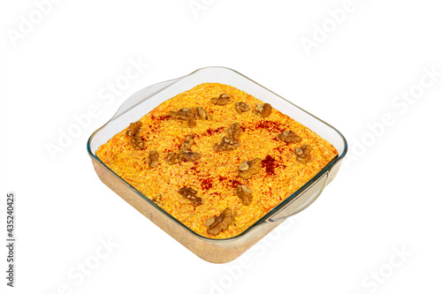 Traditional appetizer dishes "Havuc Tarator" in a glass plate. Top view