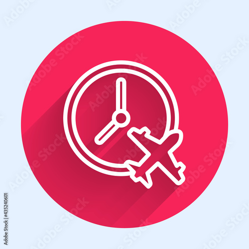 White line Clock with airplane icon isolated with long shadow. Designation of time before departure, check-in for flight and arrival time symbol. Red circle button. Vector