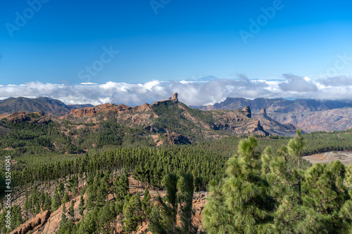 view of Roque Nublo and Roque Bentayga in the background from the top of Gran Canaria. Canary Islands. Spain