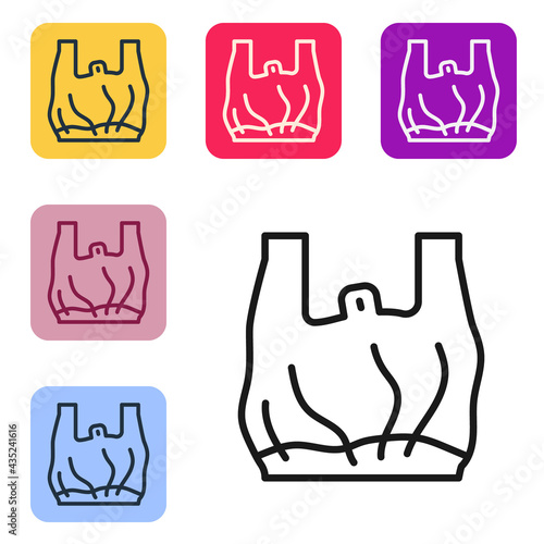 Black line Say no to plastic bags poster icon isolated on white background. Disposable cellophane and polythene package prohibition sign. Set icons in color square buttons. Vector