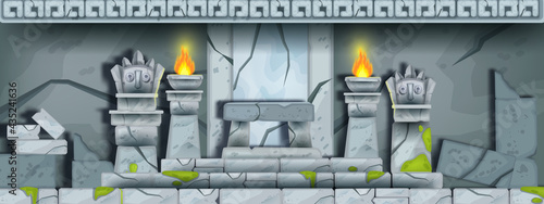Ancient stone temple ruin, vector cartoon maya tomb interior background, history game illustration. Archeology horizontal old palace, altar, sculptures, totem idol face, fire. Stone temple banner