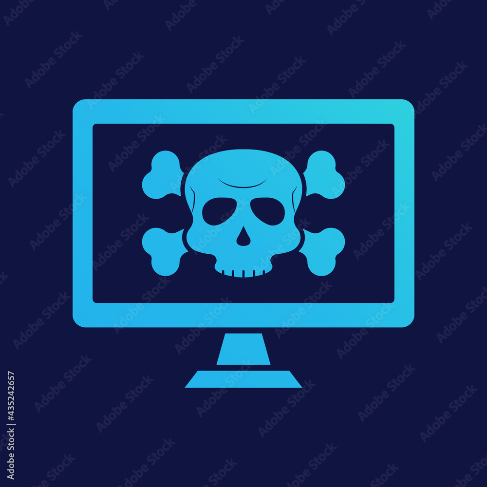 Virus Alert Icon. Computer with Virus. Cyber Attack Alert Icon with Skull. Phishing Scam concept. Hacker Attack, Phishing and Fraud. Vector illustration Virus Alert Icon. Computer with Virus. Cyber Attack Alert Icon with Skull. Phishing Scam concept. Hacker Attack, Phishing and Fraud. Vector illustration
