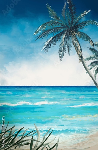 Fototapeta Naklejka Na Ścianę i Meble -  Watercolor Painting Beach Wallpaper , Sea Waves, Sand ,Coconut Tree, Coconut Palm