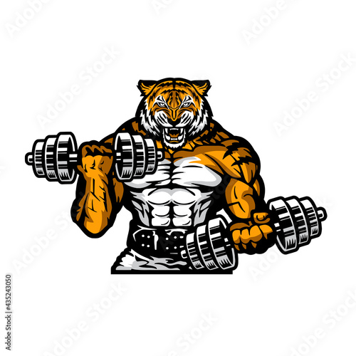 wild muscular tiger with dumbbells, vector, logo, cartoon, mascot, character