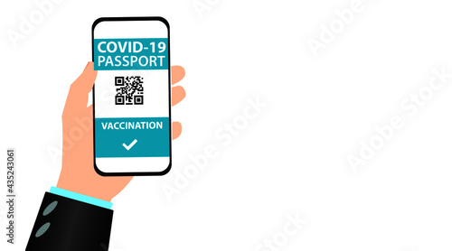 Digital health passport application on smart phone.
He shows his immunity against the vaccine on his smartphone screen. corona virus vaccination concept. Vaccine passport application for safe journeys